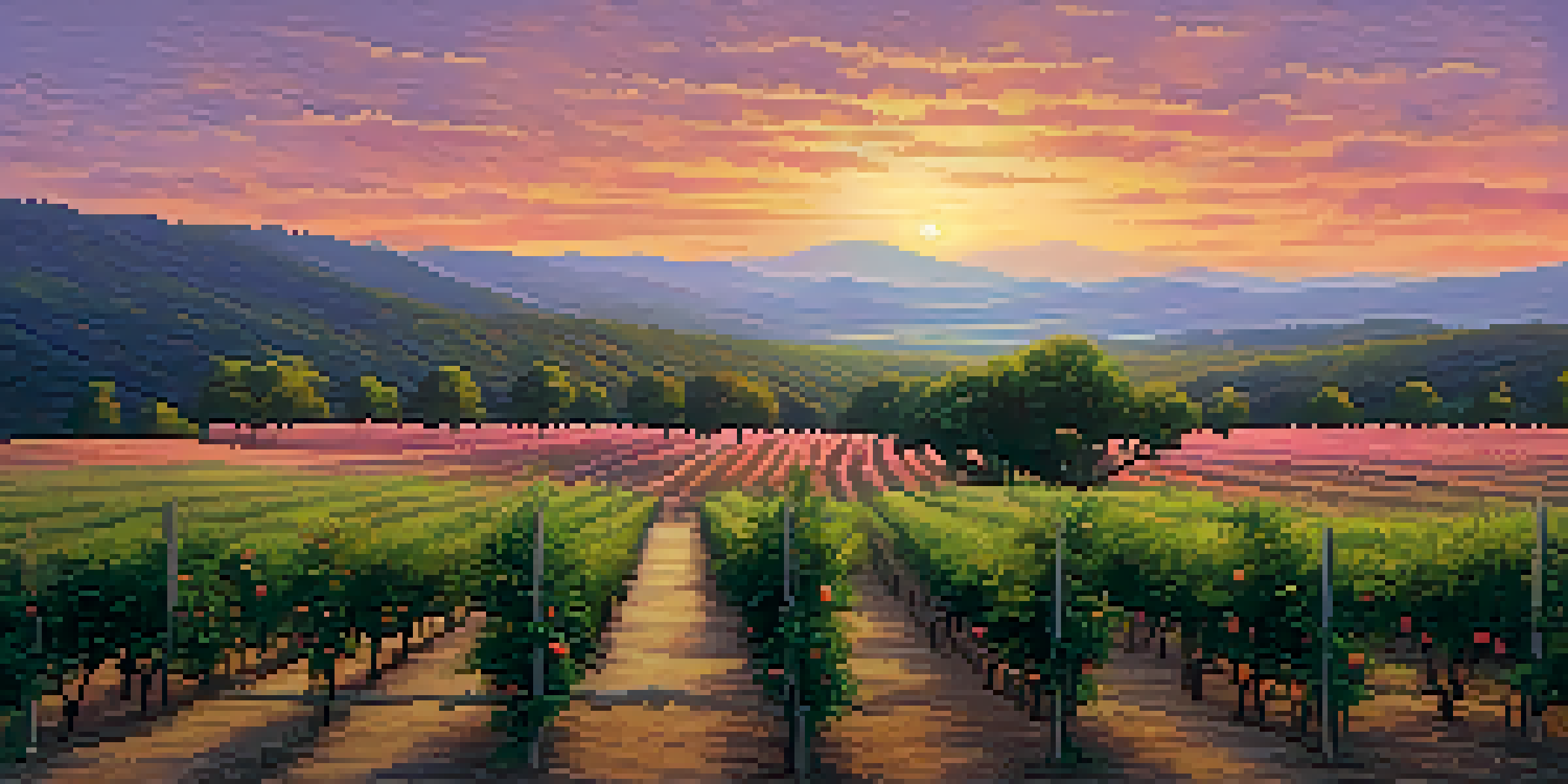 A sunset view over a peach orchard with ripe peach trees and a colorful sky.
