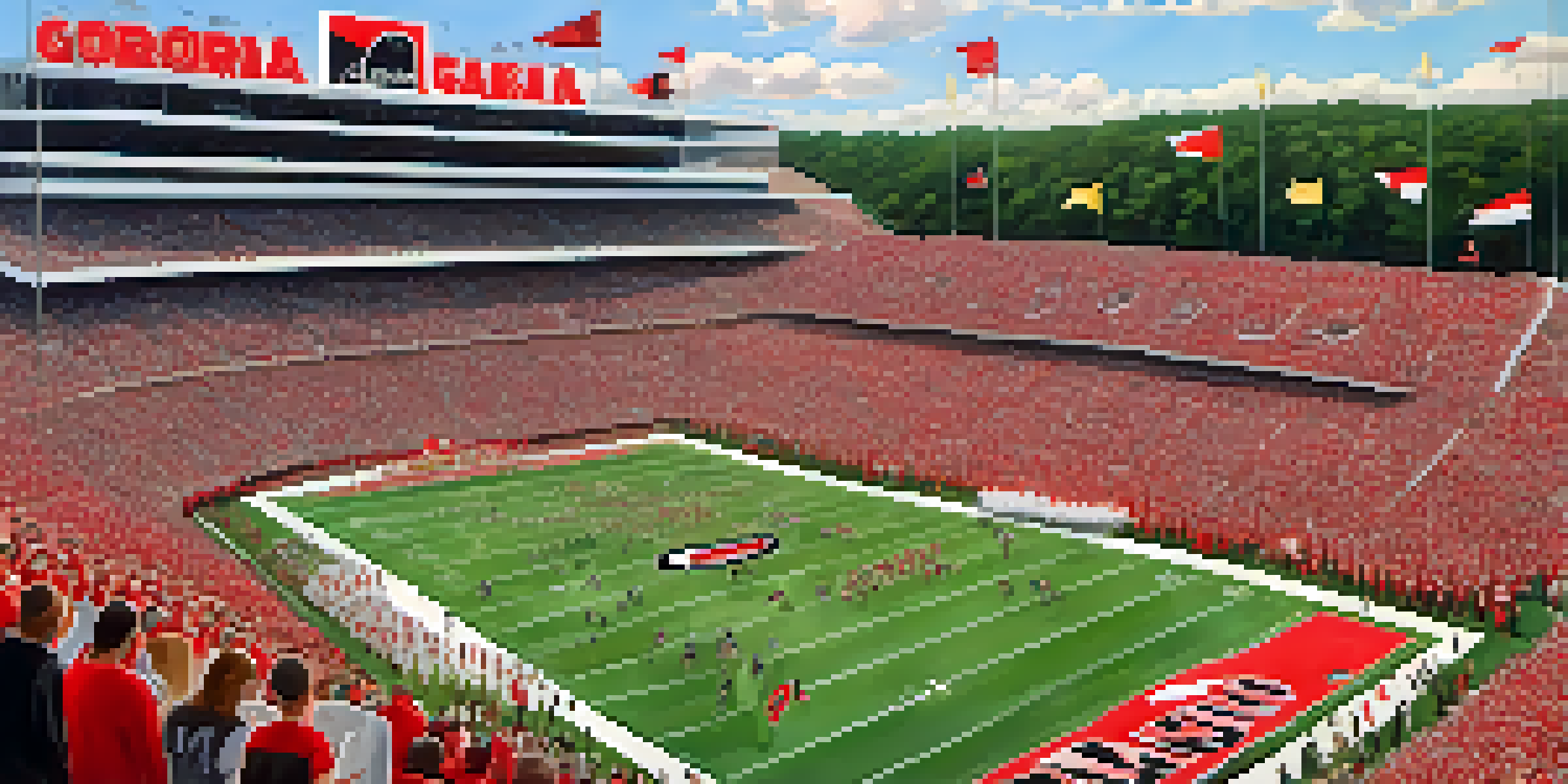 A packed football stadium with fans in red and black cheering, tailgating friends in the foreground.