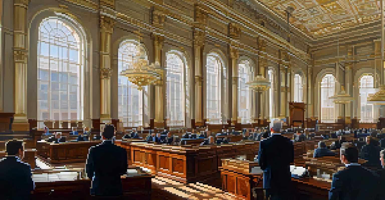 The interior of the Georgia General Assembly chambers with legislators in formal attire discussing, adorned with wooden desks and chandeliers.