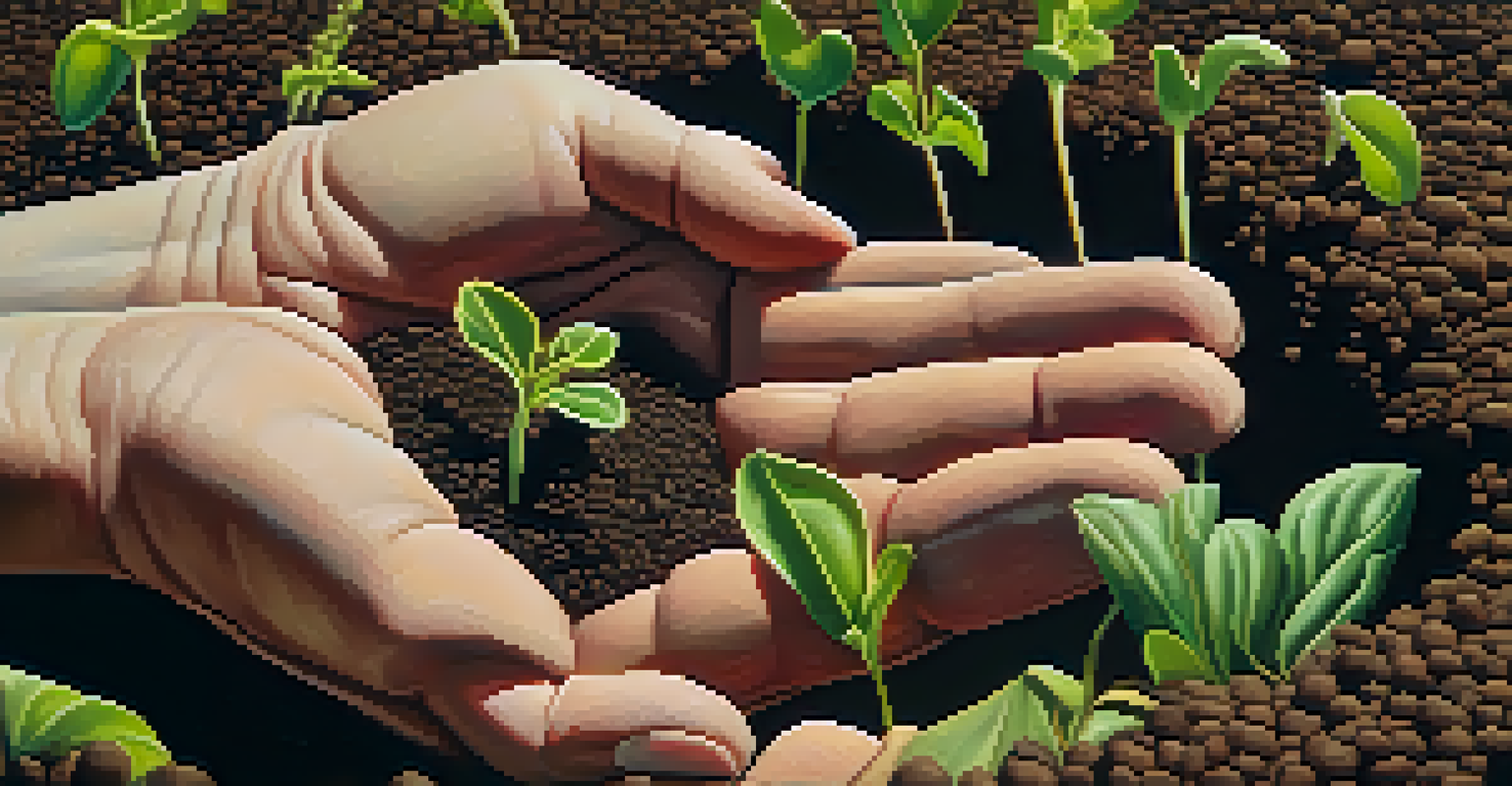 Close-up of a farmer's hands holding soil with seedlings, showcasing the connection to agriculture and growth.