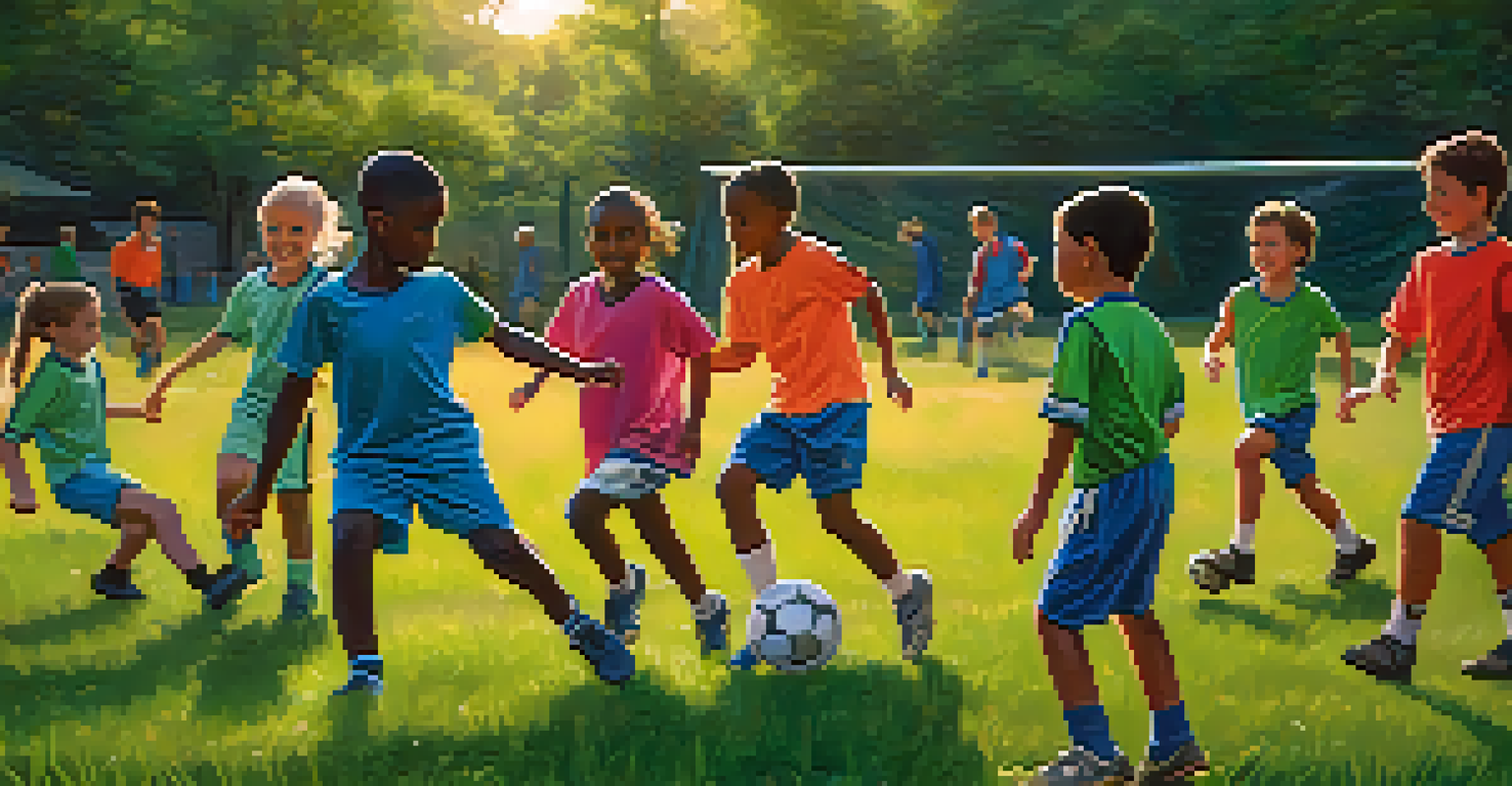 A lively youth soccer practice with children in colorful jerseys practicing drills in a park, surrounded by supportive parents.