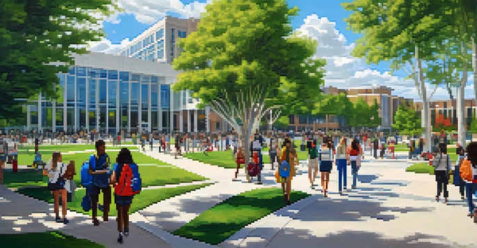 A vibrant campus scene at Georgia State University with diverse students walking and engaging with each other.
