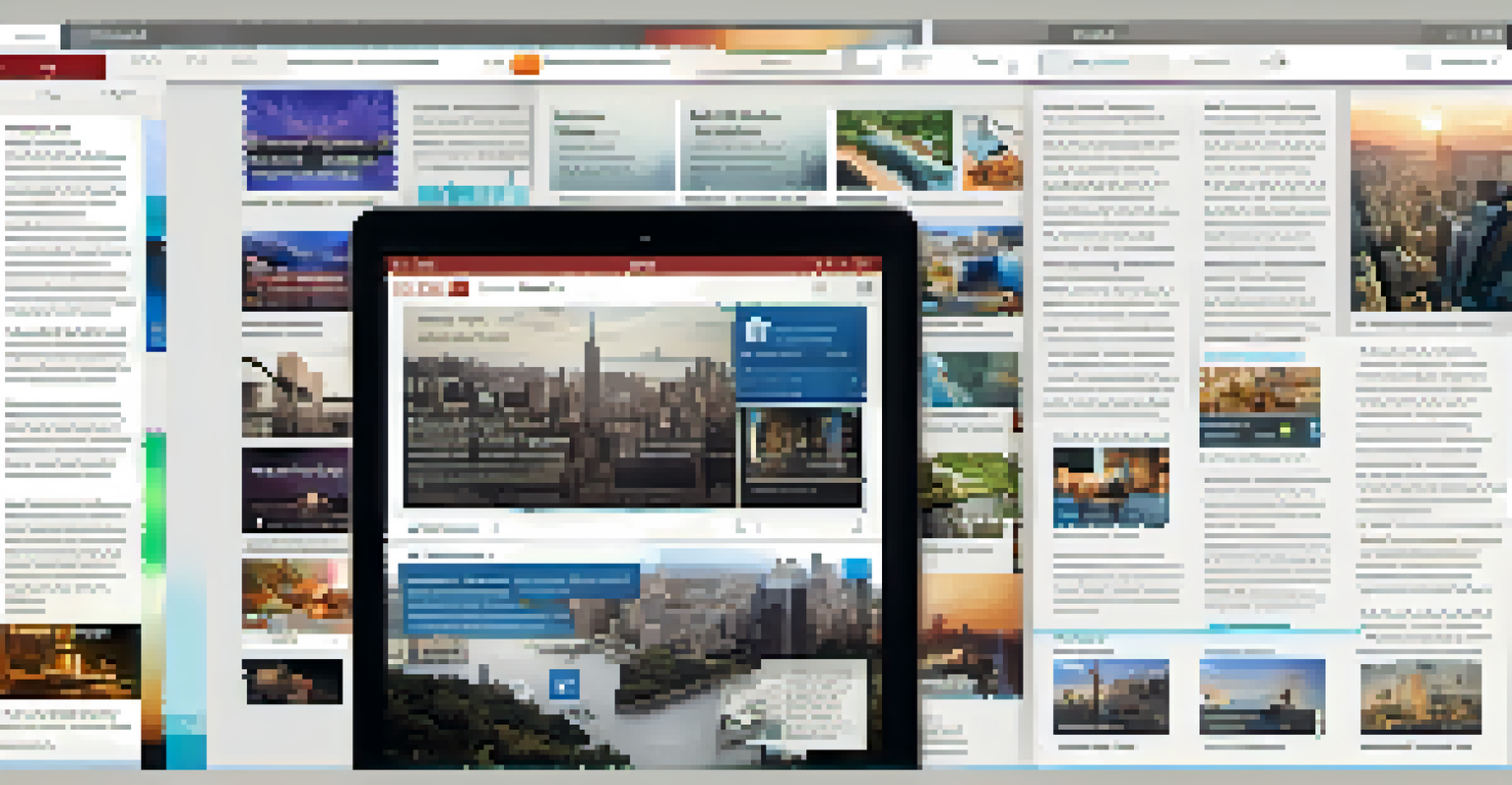 A digital device displaying a multimedia news layout with text, images, and videos, designed with interactive features for user engagement.