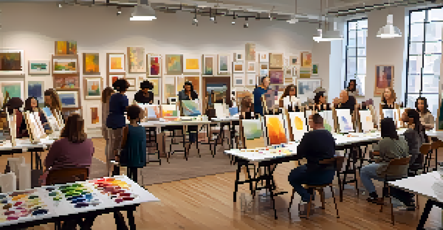 A cozy nonprofit art studio with a diverse group of people participating in a painting class, surrounded by art supplies and warm lighting.