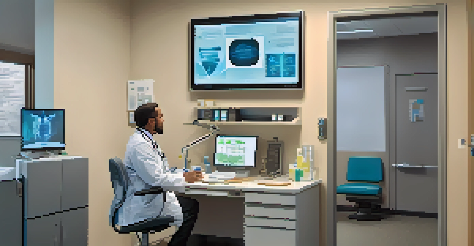 A healthcare professional conducting a telemedicine consultation with a patient on a computer screen in a modern medical office.