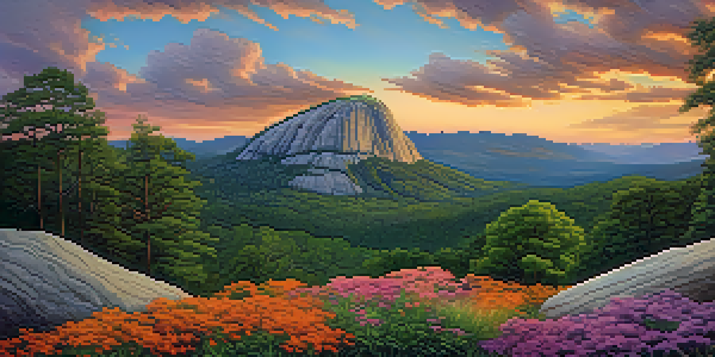 A sunset view of Stone Mountain with its granite face glowing in warm colors, surrounded by green trees and colorful wildflowers.