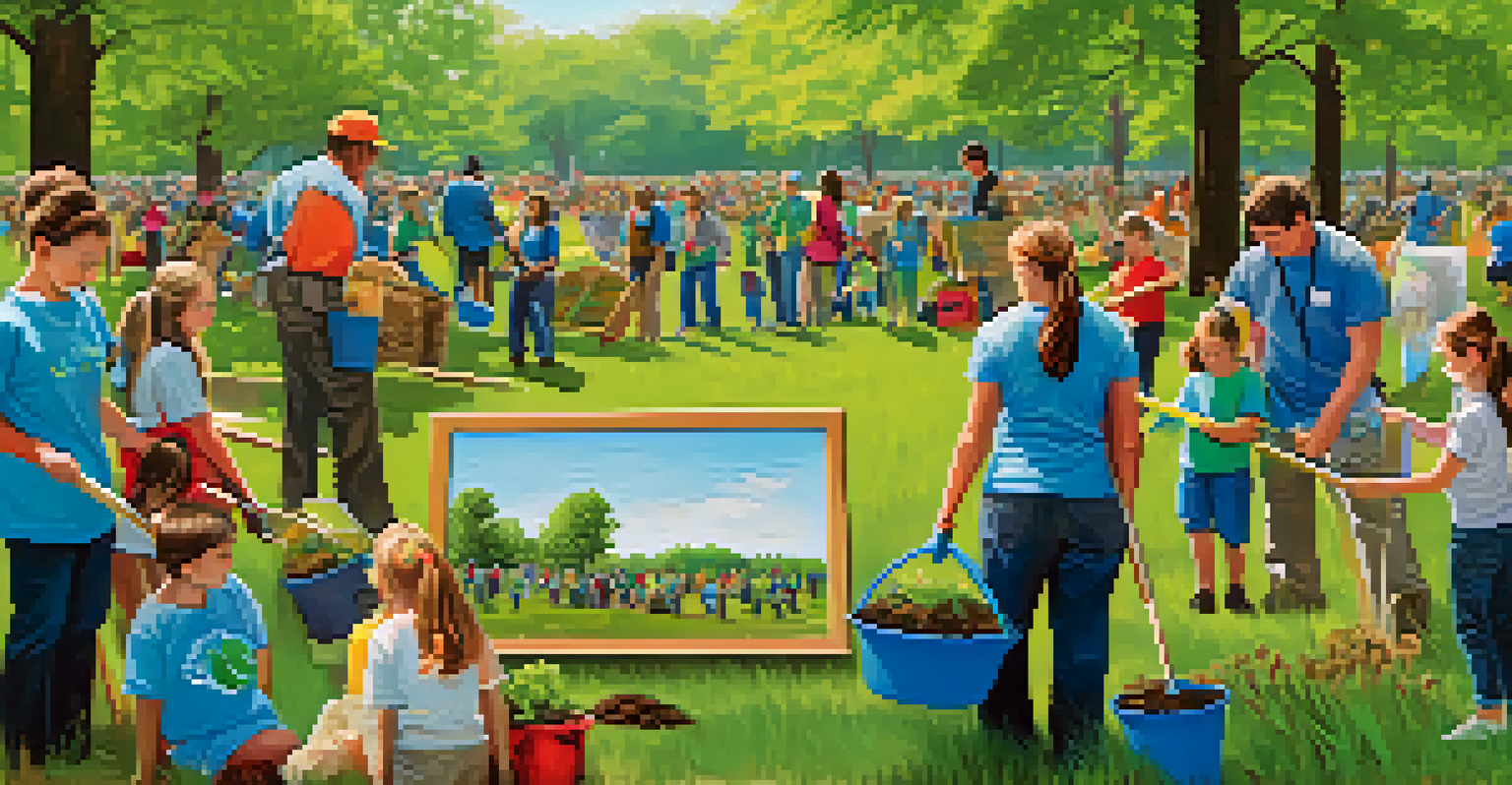 Community members of all ages participating in an Earth Day clean-up event in a park in Georgia, surrounded by colorful banners and blue skies.