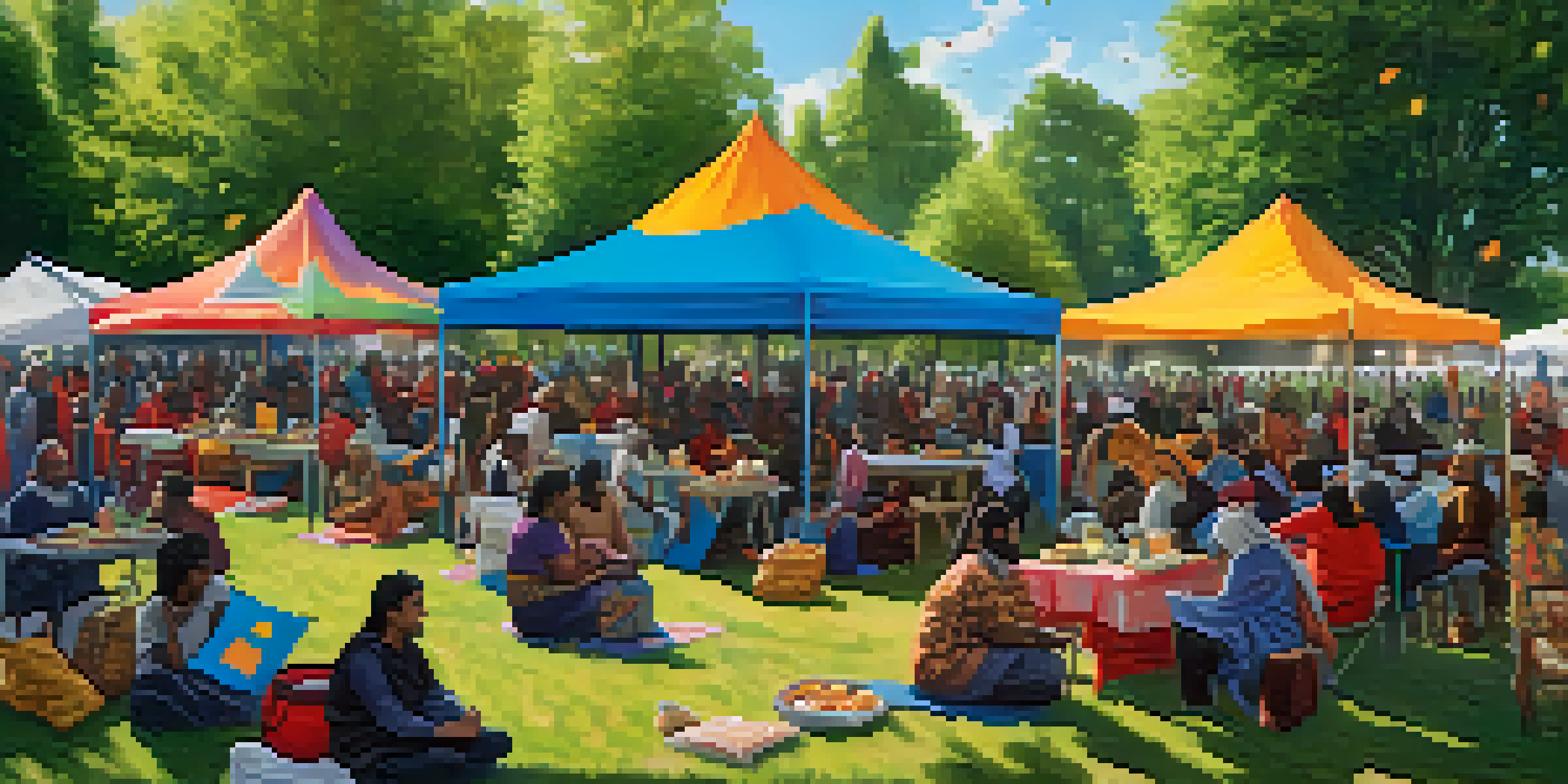 A lively community gathering in a park featuring refugees and locals sharing food and traditions.