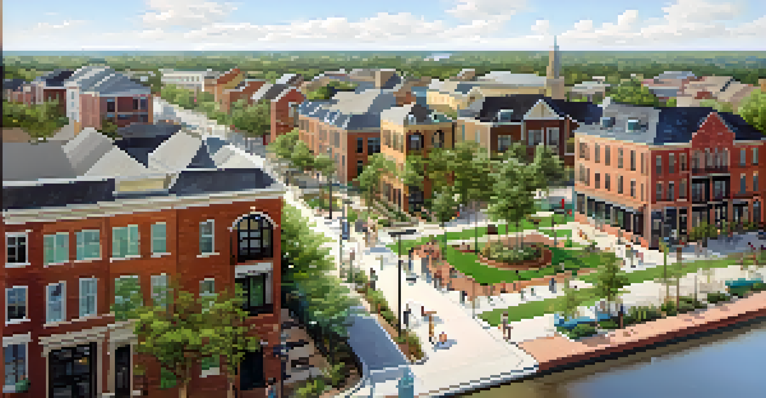 An aerial view of the Canal District in Savannah showcasing mixed-use developments, green spaces, and people enjoying the community.