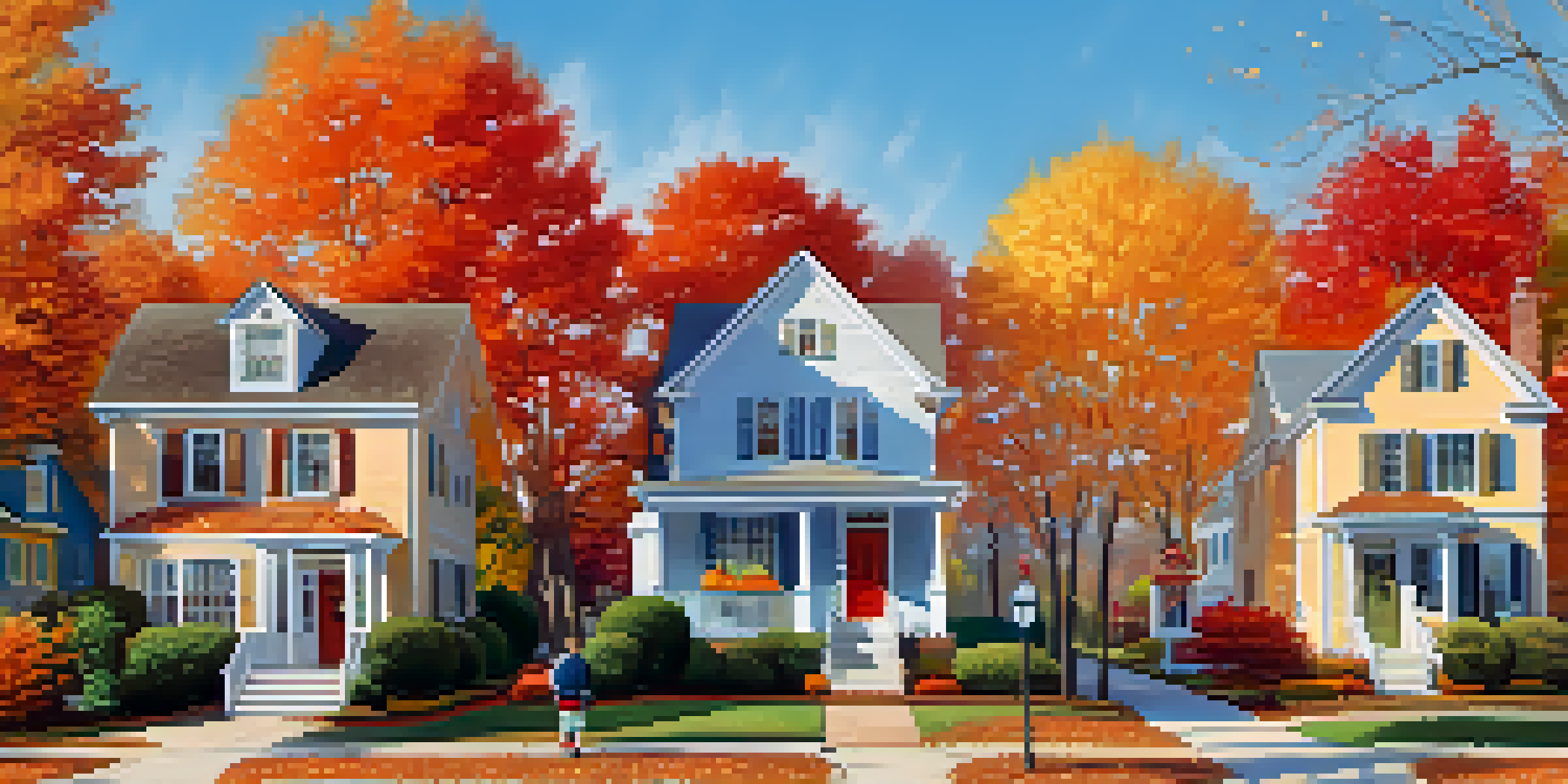 A peaceful suburban neighborhood in Georgia during fall, with colorful trees and families enjoying the outdoors.
