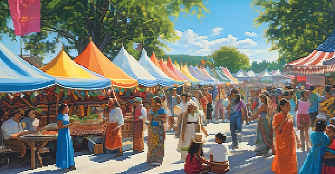 A lively festival in Georgia with cultural booths, people in traditional clothing, and colorful decorations.