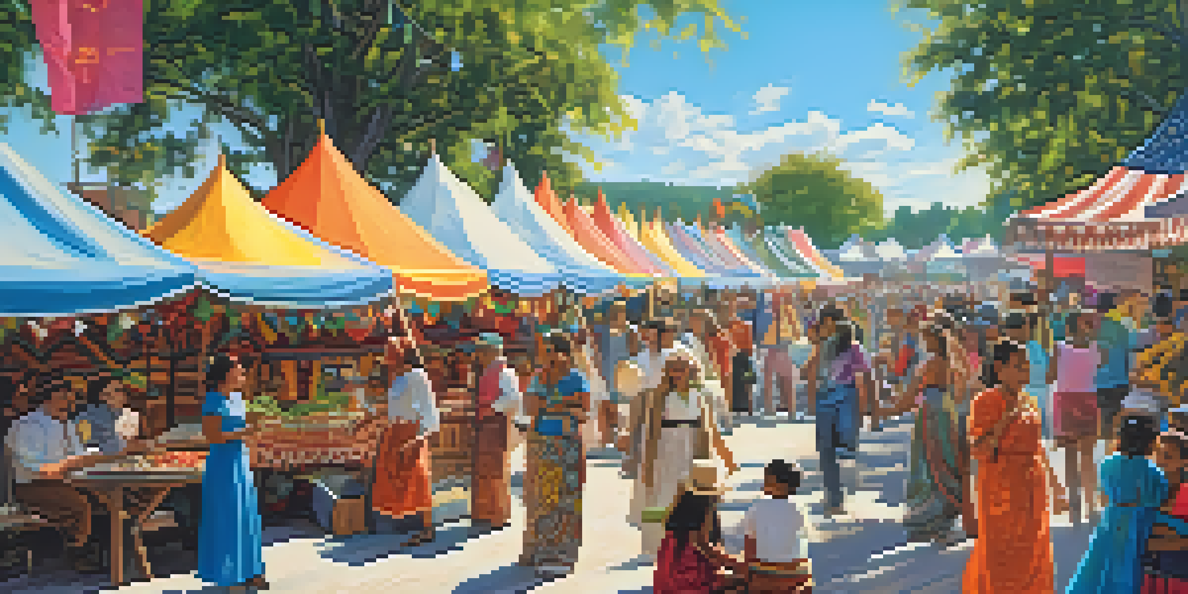 A lively festival in Georgia with cultural booths, people in traditional clothing, and colorful decorations.