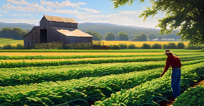 A vibrant organic farm with green crops and a farmer under a blue sky.