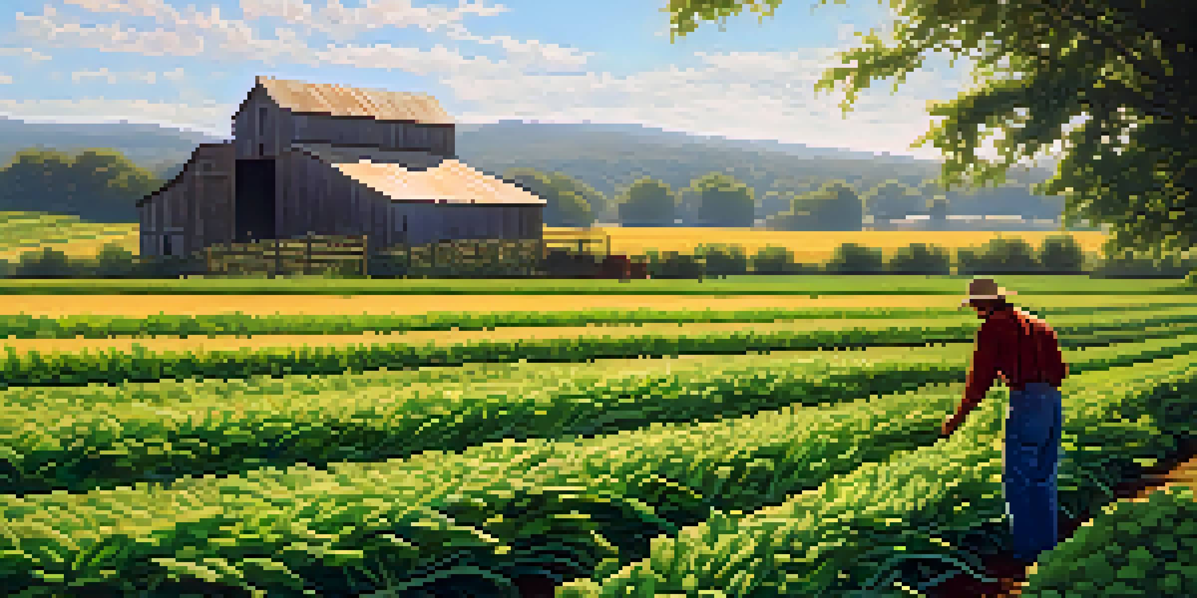 A vibrant organic farm with green crops and a farmer under a blue sky.