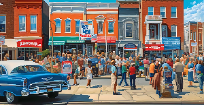 A lively city scene in Georgia with campaign signs and diverse voters engaged in lively discussions during election season.