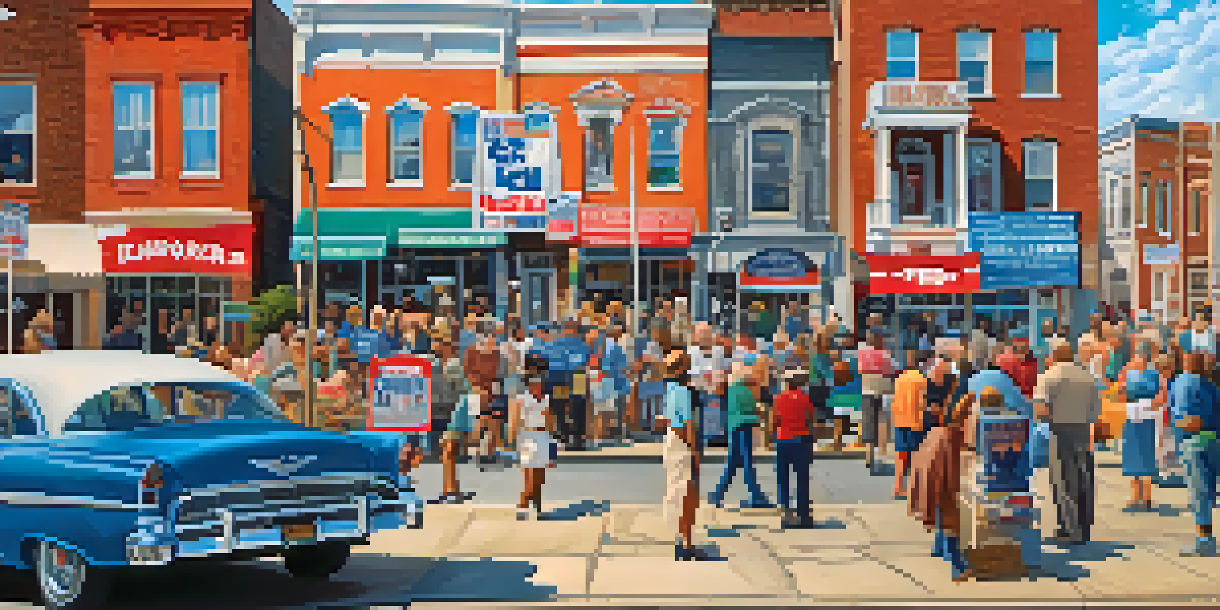 A lively city scene in Georgia with campaign signs and diverse voters engaged in lively discussions during election season.