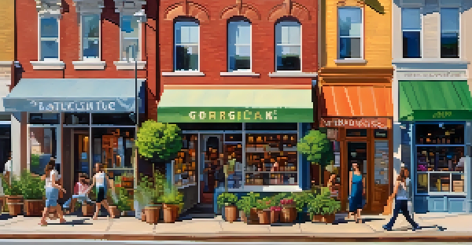 A vibrant street scene in Georgia showcasing small businesses with colorful storefronts, people interacting, and lush greenery under warm sunlight.