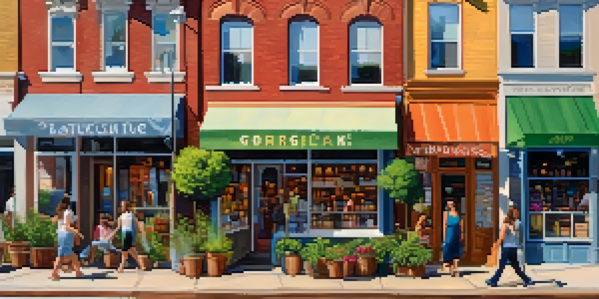 A vibrant street scene in Georgia showcasing small businesses with colorful storefronts, people interacting, and lush greenery under warm sunlight.
