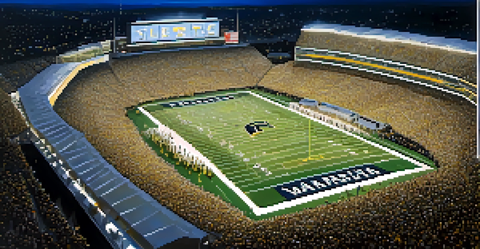 Aerial view of a football stadium filled with fans in gold and white, with stadium lights on at night.