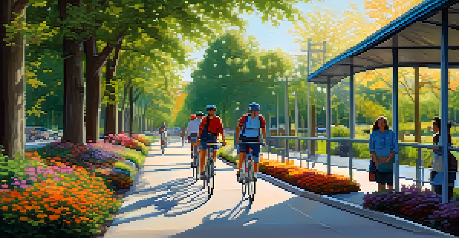 A picturesque bike and pedestrian pathway surrounded by trees and flowers, leading to a public transit station.