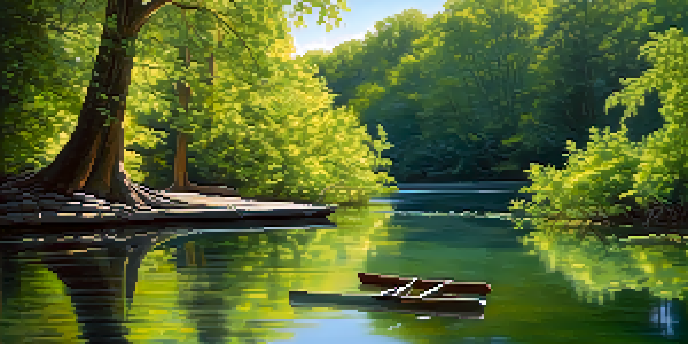A peaceful river landscape in Georgia with green trees, a wooden dock, and kayaks, under a clear blue sky.