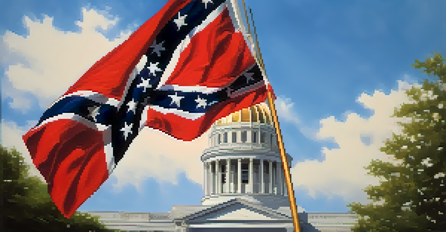 A close-up of the Georgia state flag waving in the wind, with the state capitol building blurred in the background.