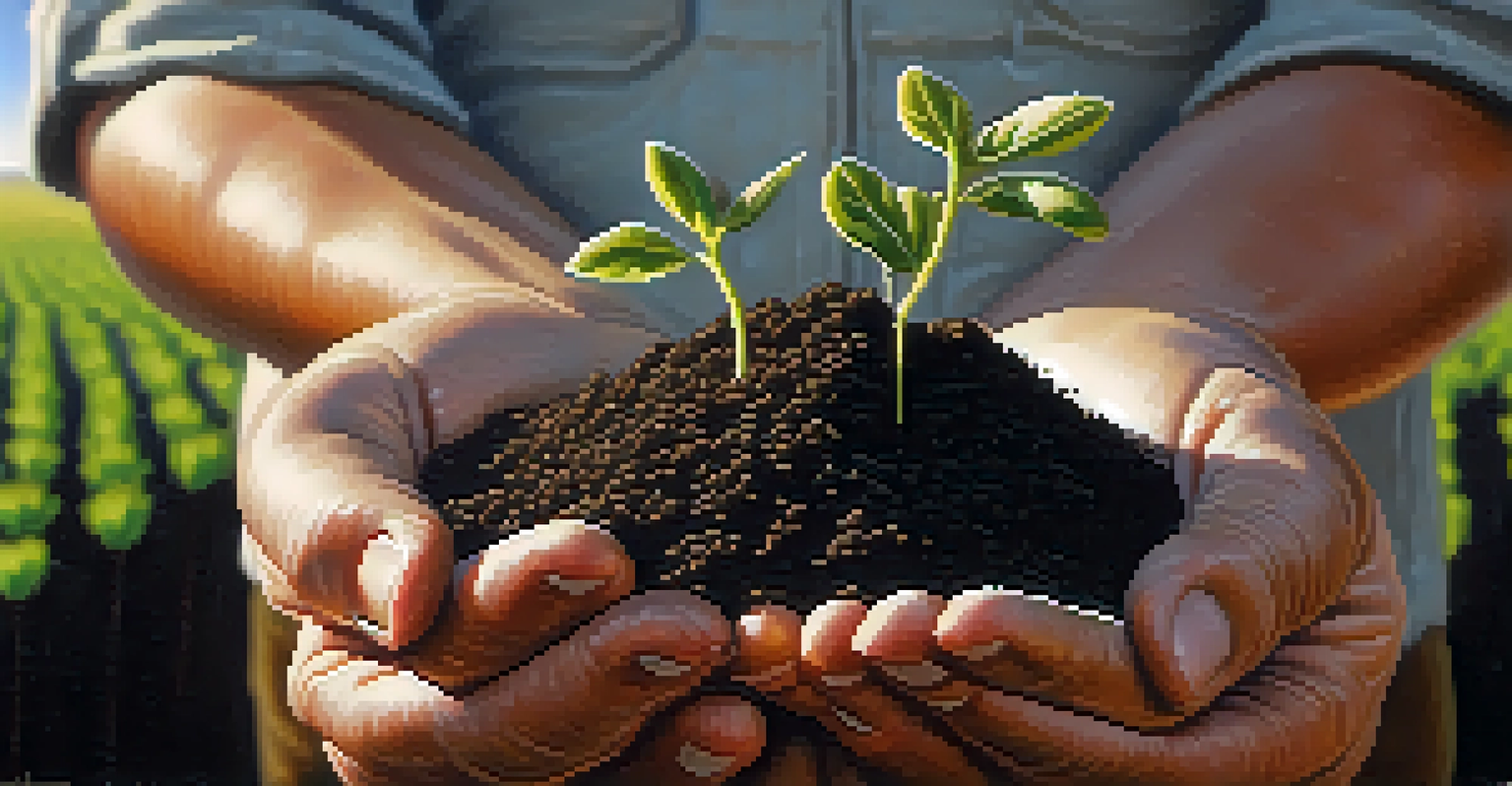 A close-up of a farmer's hands holding soil with seedlings, representing growth and sustainability in agriculture.