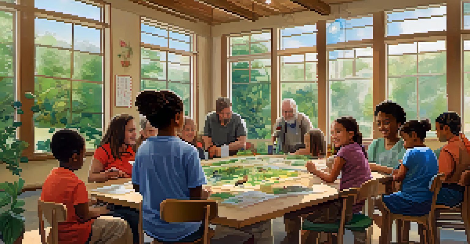 A community workshop in Georgia focused on local biodiversity, with diverse participants engaged in hands-on activities and educational materials.