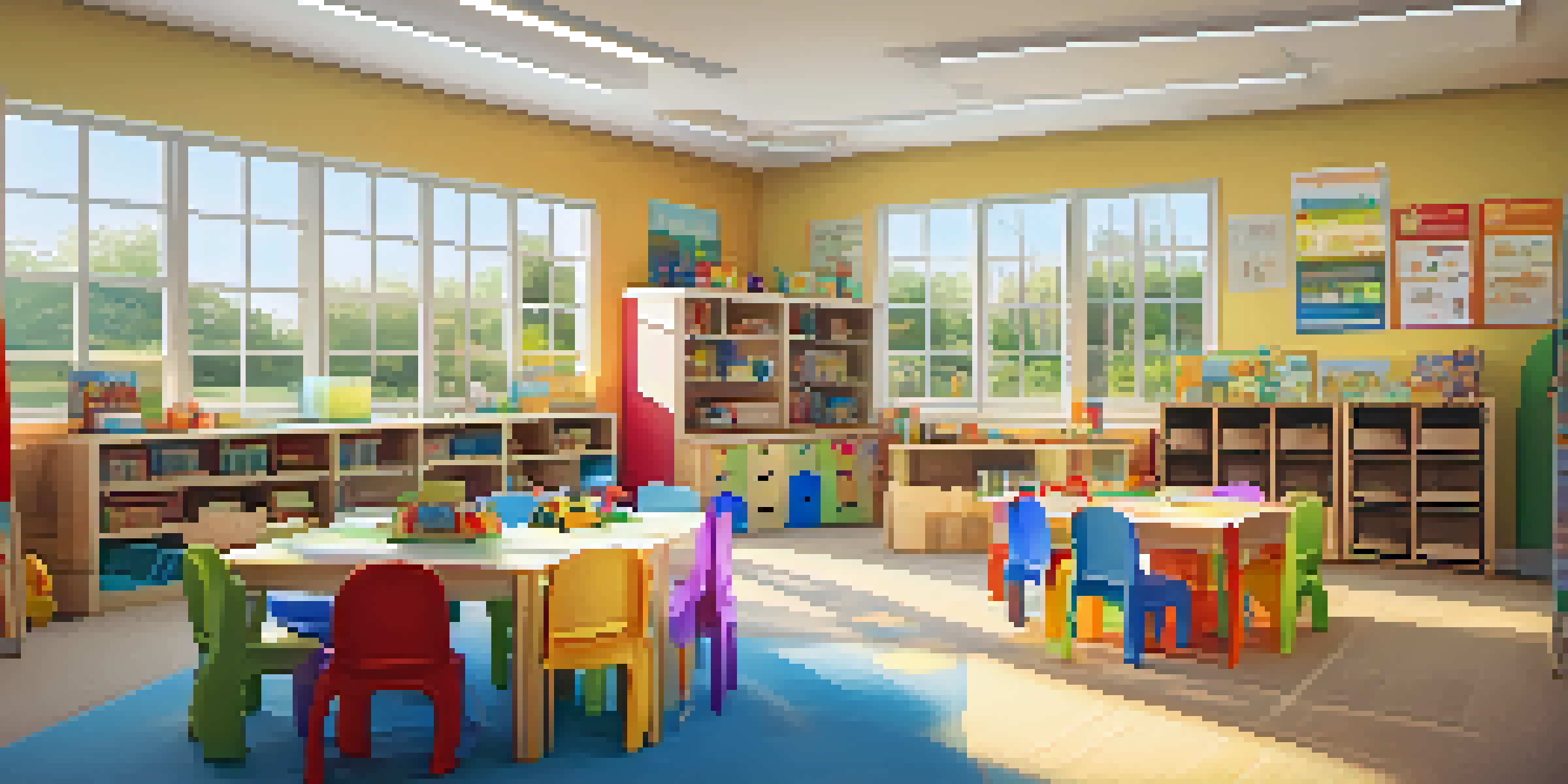 A vibrant early childhood classroom where diverse children are happily engaged in various learning activities with colorful educational materials.