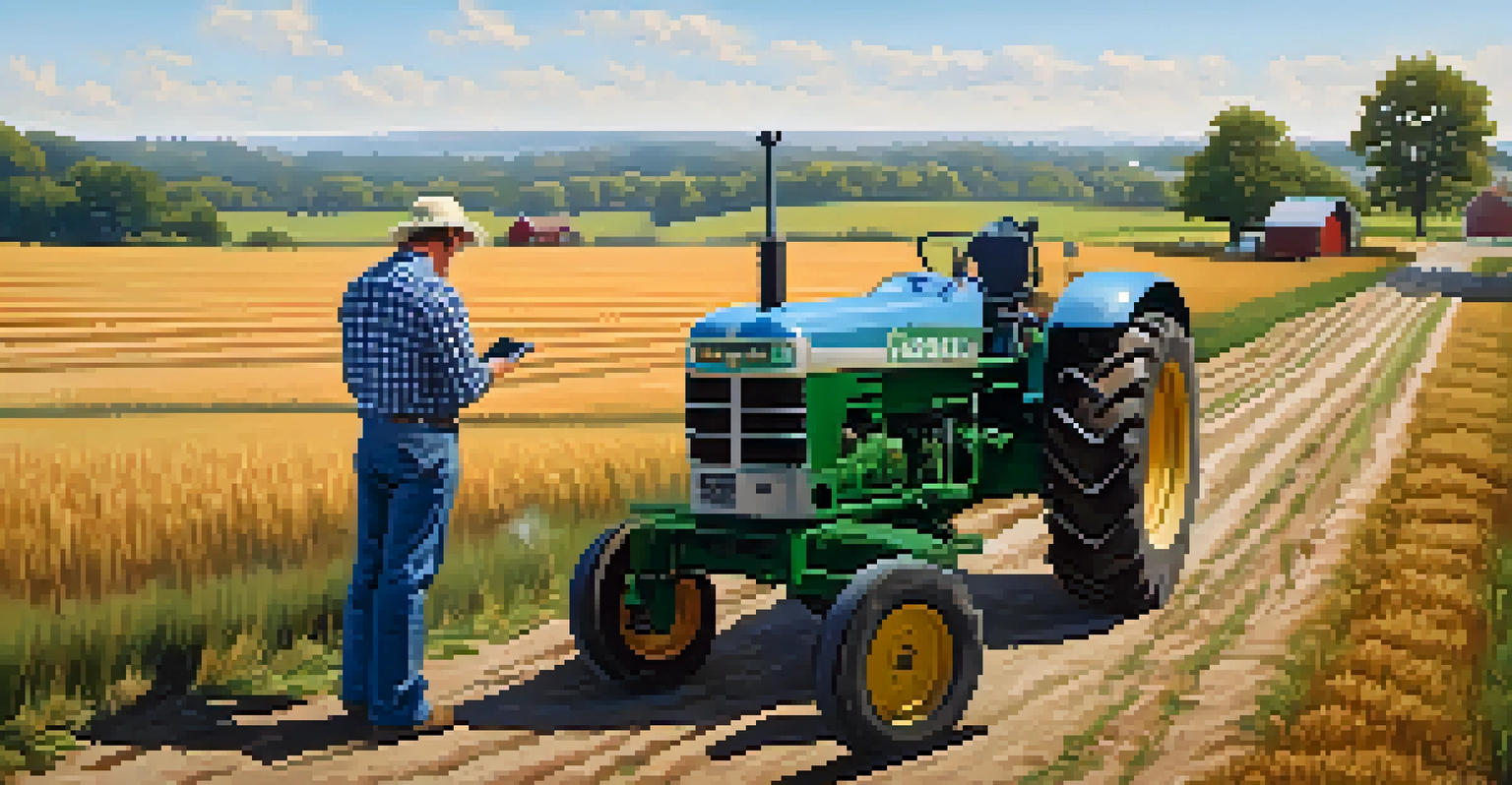 A farmer in rural Georgia using a smartphone for a telehealth consultation next to a tractor in the fields.