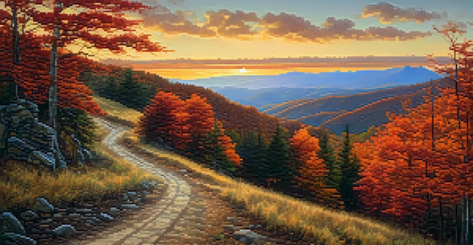 A scenic view of the Blue Ridge Mountains in autumn with colorful foliage and a winding trail.