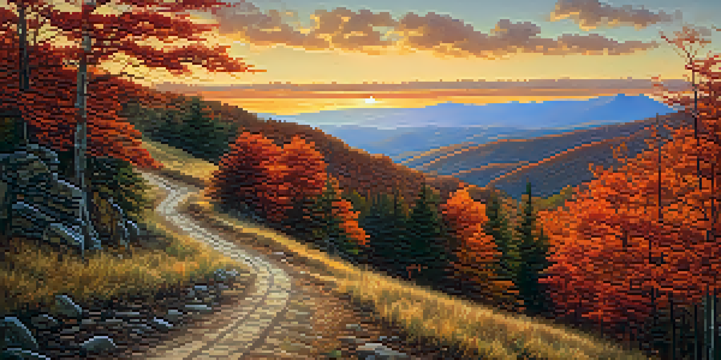 A scenic view of the Blue Ridge Mountains in autumn with colorful foliage and a winding trail.