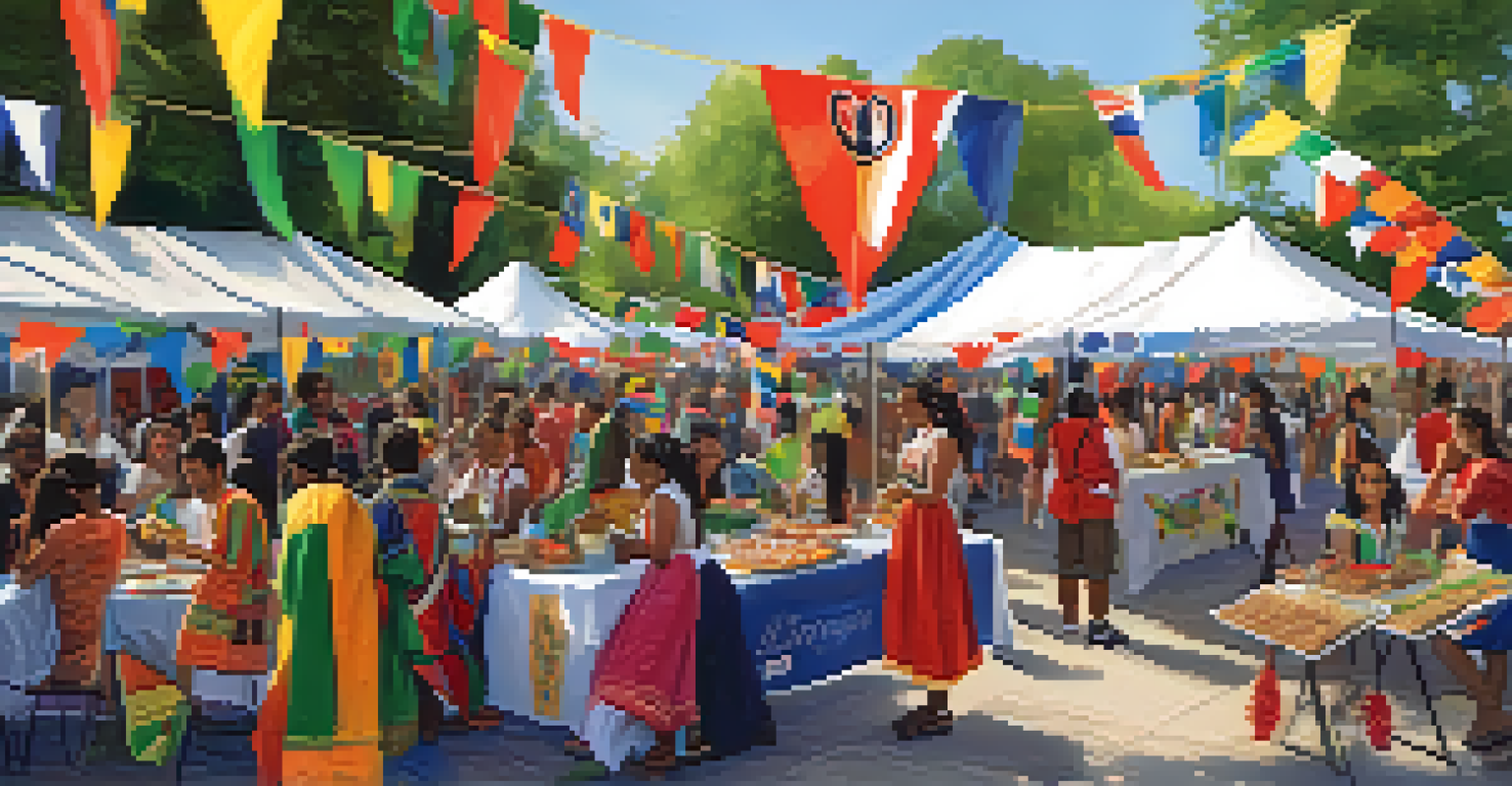 A multicultural festival at Georgia State University with colorful booths, diverse students enjoying food, and flags representing various cultures.