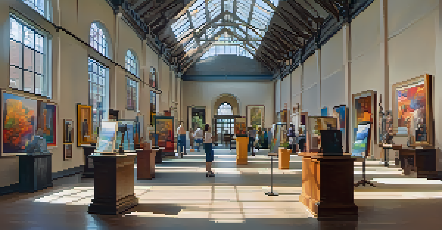 An art gallery filled with colorful paintings and sculptures, with visitors discussing art and an artist demonstrating their craft.