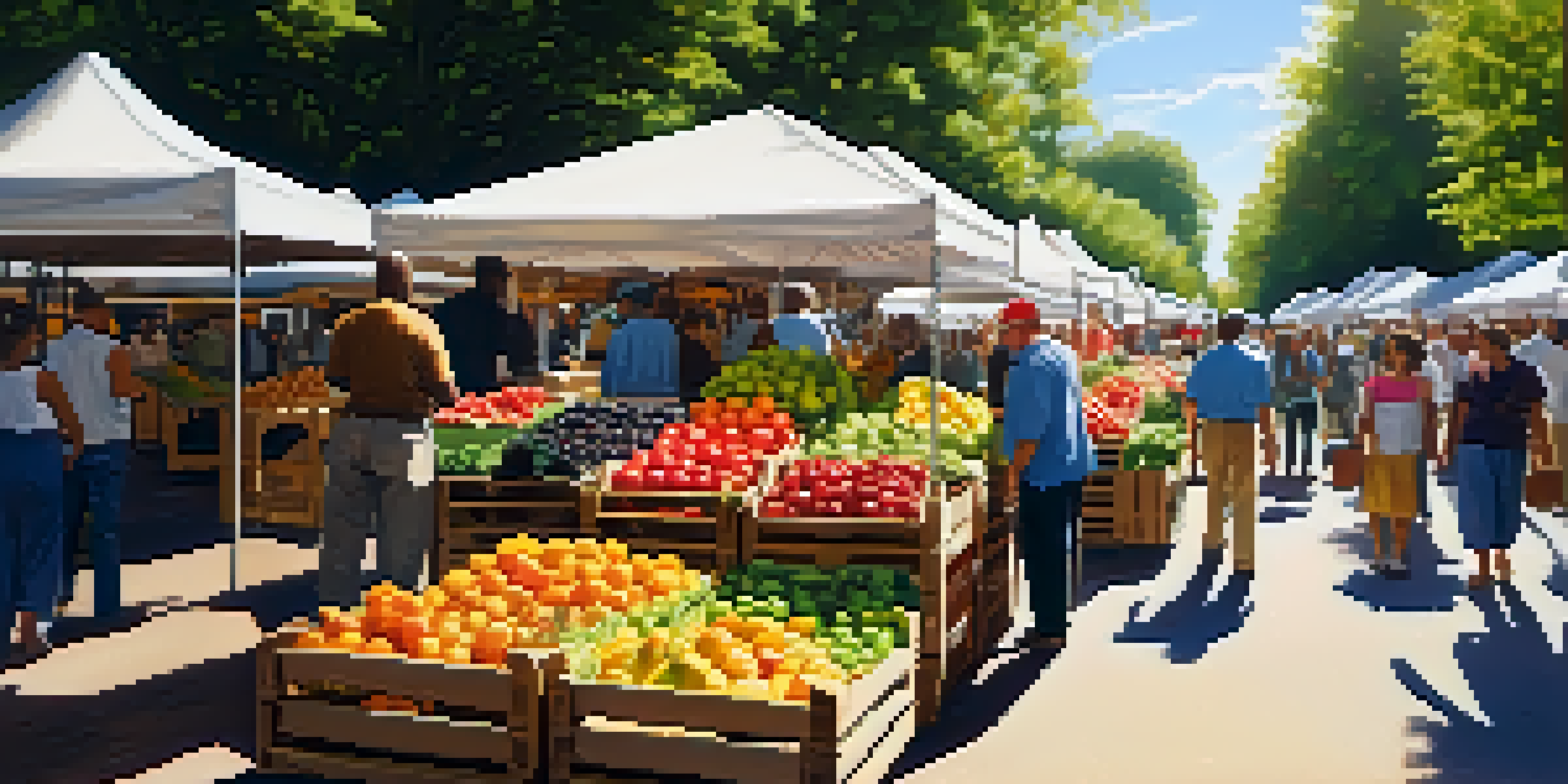 A lively farmers' market in Georgia filled with colorful produce and people interacting with farmers under sunlight.