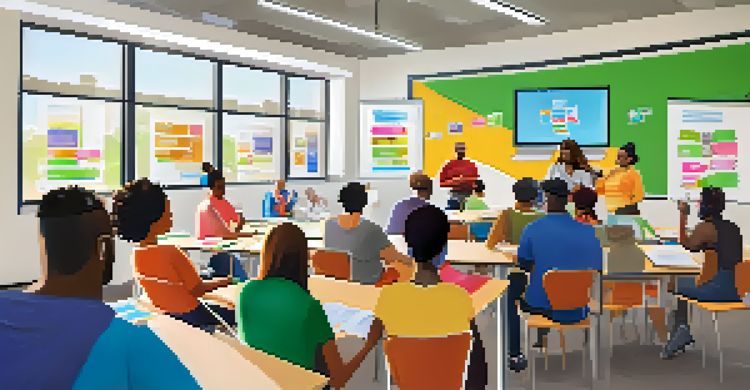 An adult education workshop in a library, with diverse participants learning digital literacy skills from a facilitator.