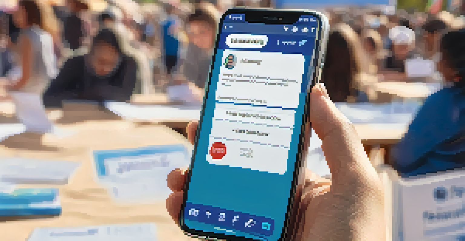 A smartphone with a voter registration app displayed, highlighting technology's role in political engagement at a community event.
