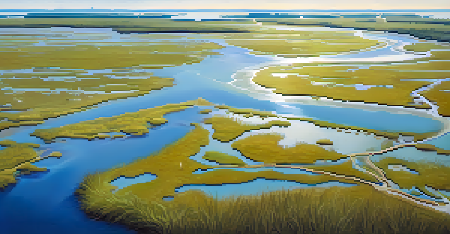 Aerial view of a coastal ecosystem in Georgia with marshlands and tidal creeks, featuring a drone surveying the area.