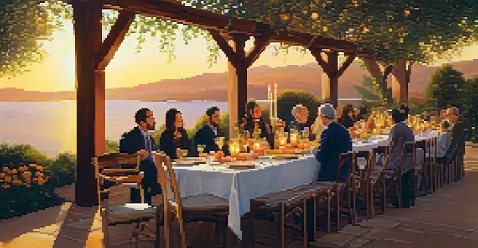 A long wooden table set for a Shabbat dinner with traditional dishes and flowers, surrounded by people enjoying the gathering under warm sunset light.
