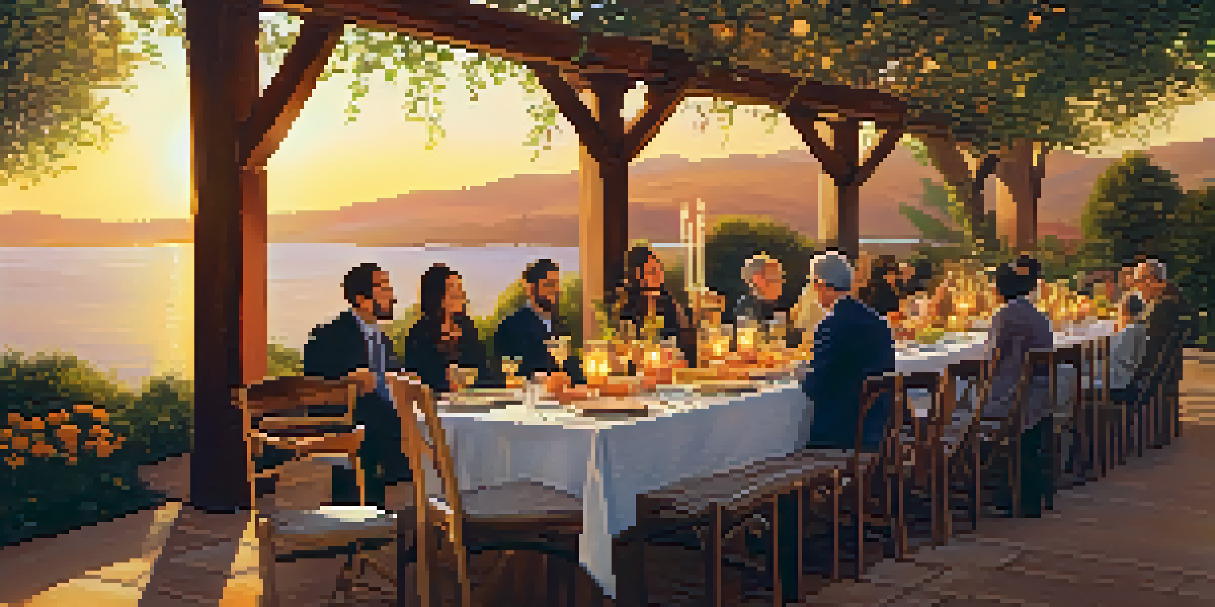A long wooden table set for a Shabbat dinner with traditional dishes and flowers, surrounded by people enjoying the gathering under warm sunset light.