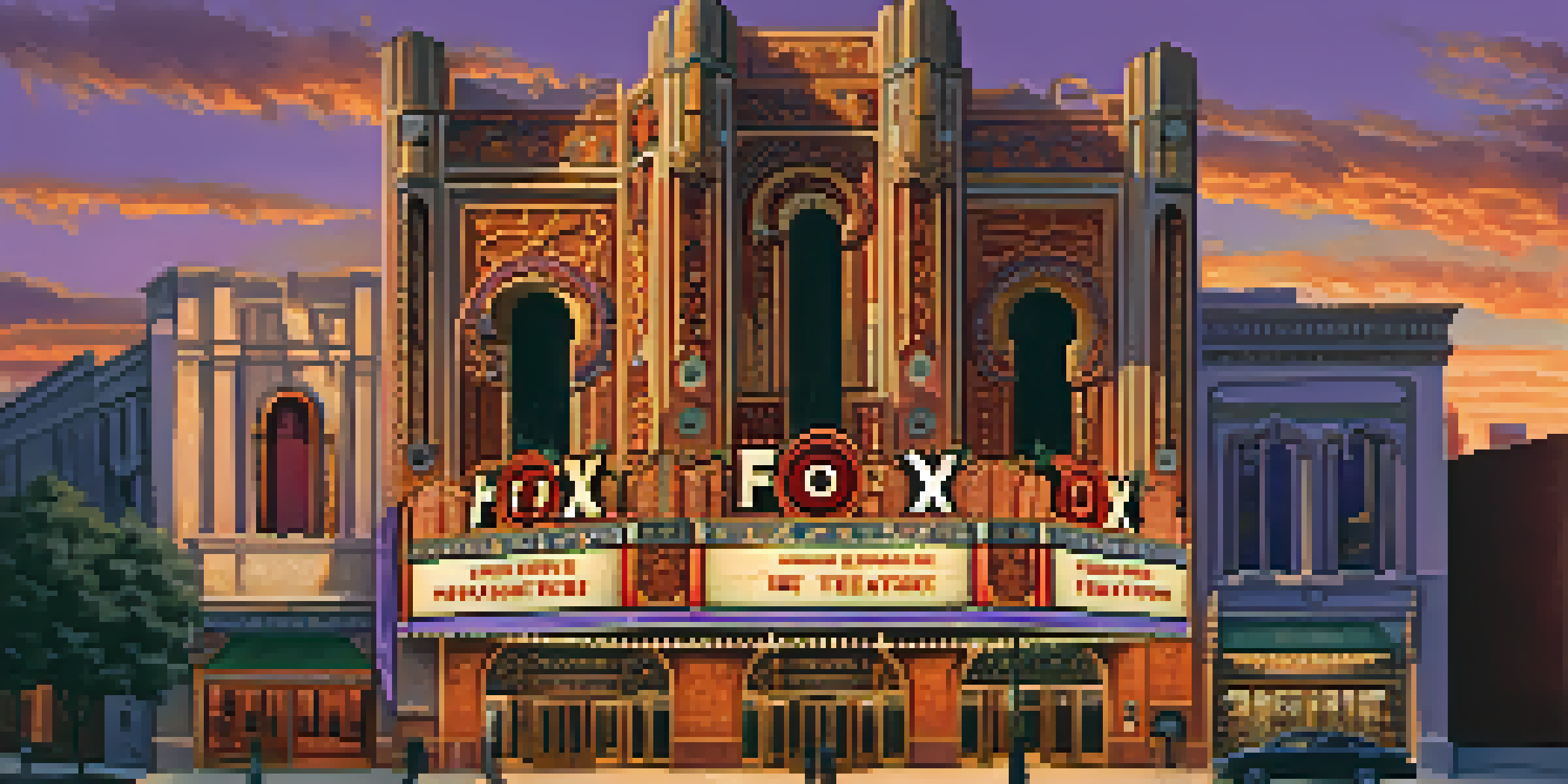 A beautiful view of the Fox Theatre with its detailed architecture and glowing marquee at sunset.