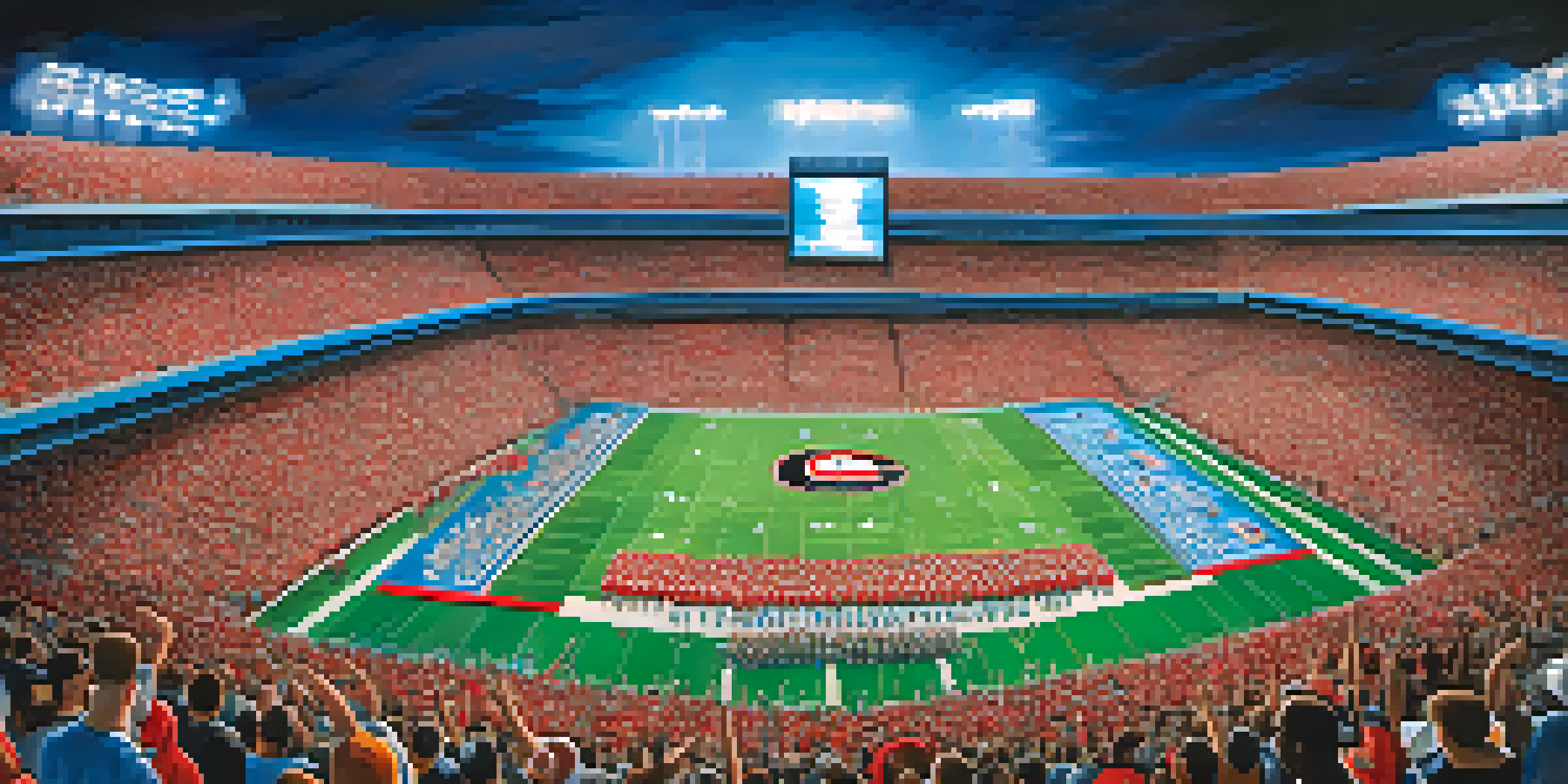 A lively college football game in Georgia, showcasing a crowded stadium with fans in team colors and players on the field under bright lights.