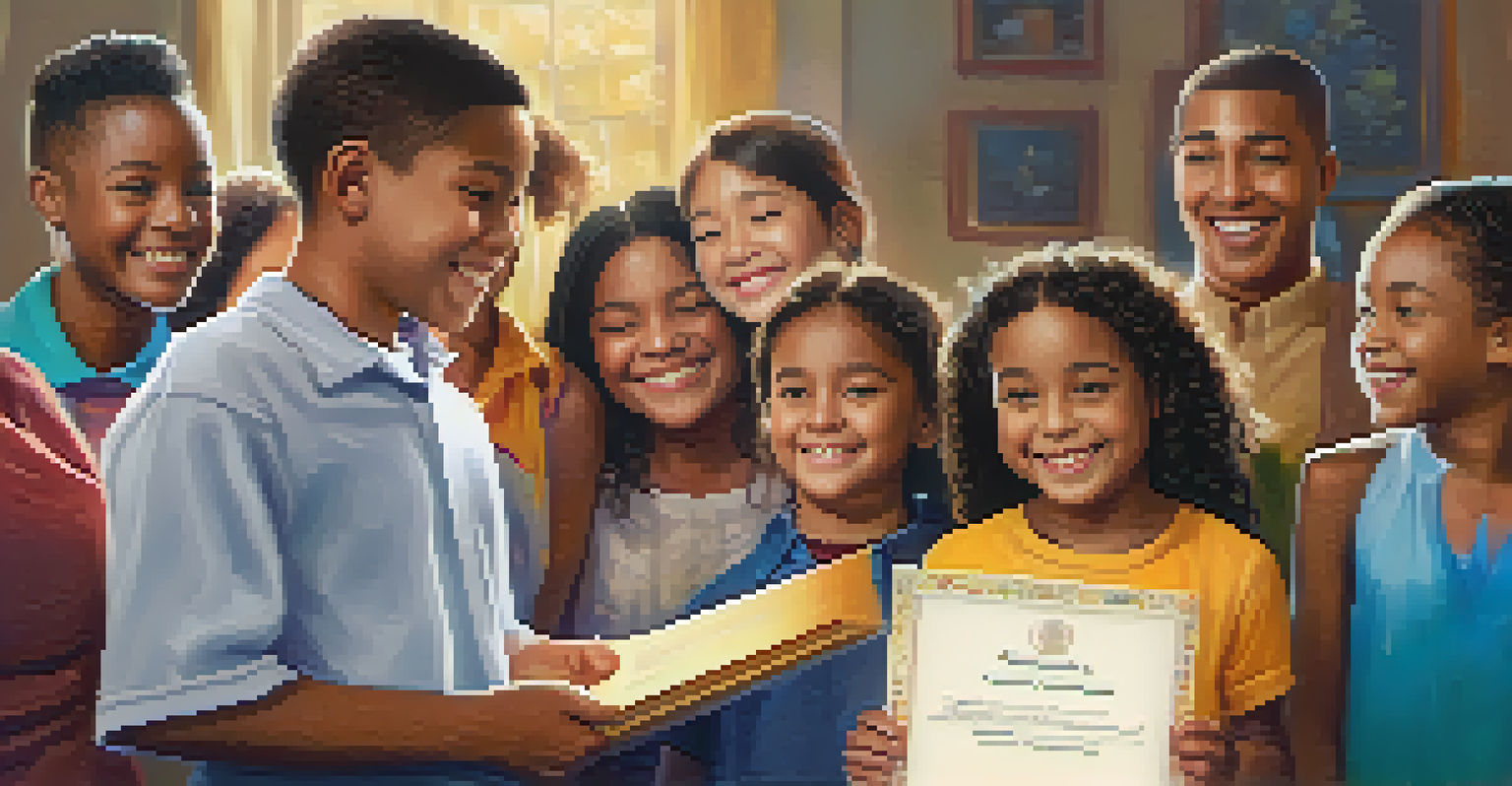 A child's hands proudly holding a scholarship award certificate, with a blurred background of a family celebrating the achievement.