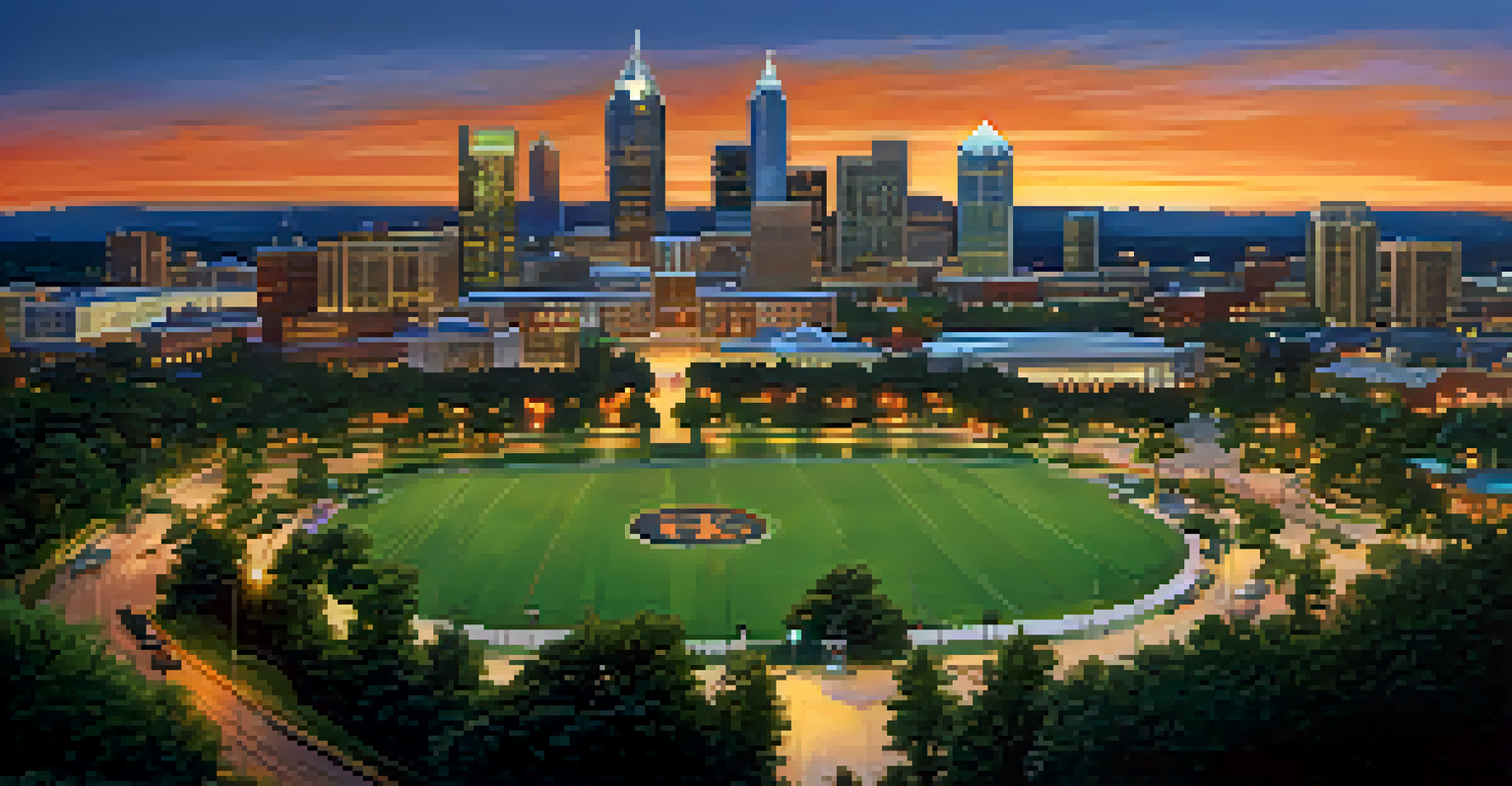 A sunset view of Atlanta's skyline with vibrant colors and green parks in the foreground, depicting urban life and nature.