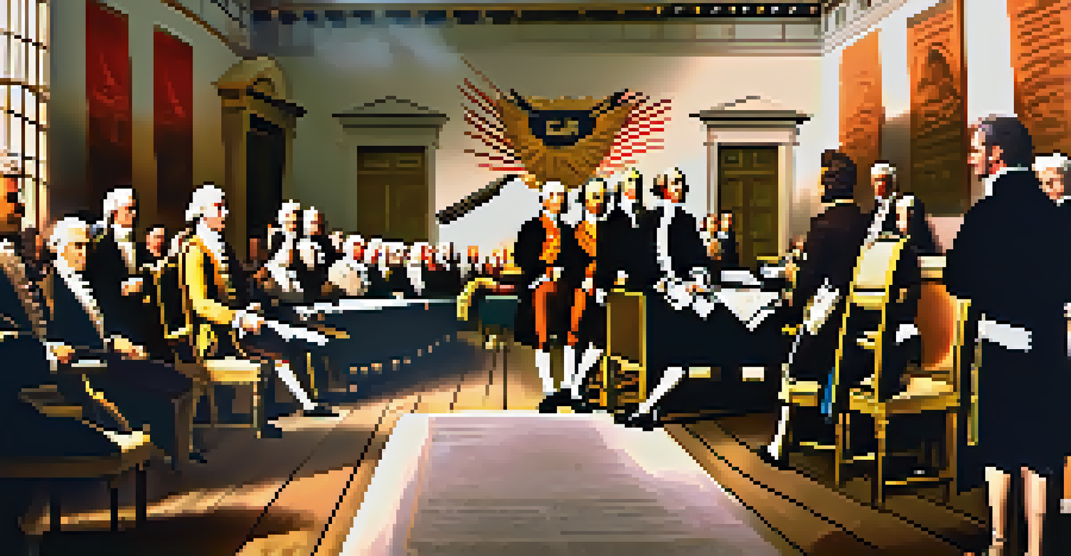 Students watching a virtual reconstruction of the signing of the Declaration of Independence with historical figures.