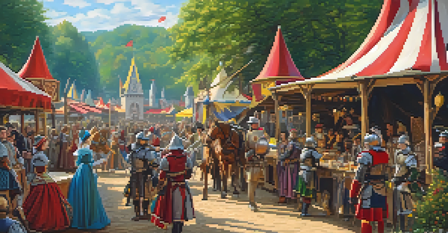 Visitors in Renaissance costumes enjoying the Georgia Renaissance Festival, with artisans and a jousting tournament in a beautiful outdoor setting.