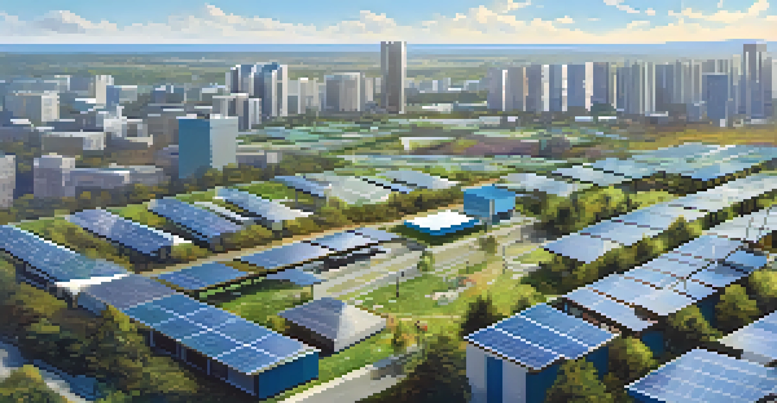 An aerial perspective of a sustainable city with solar panels, parks, and smart waste bins under a clear sky.