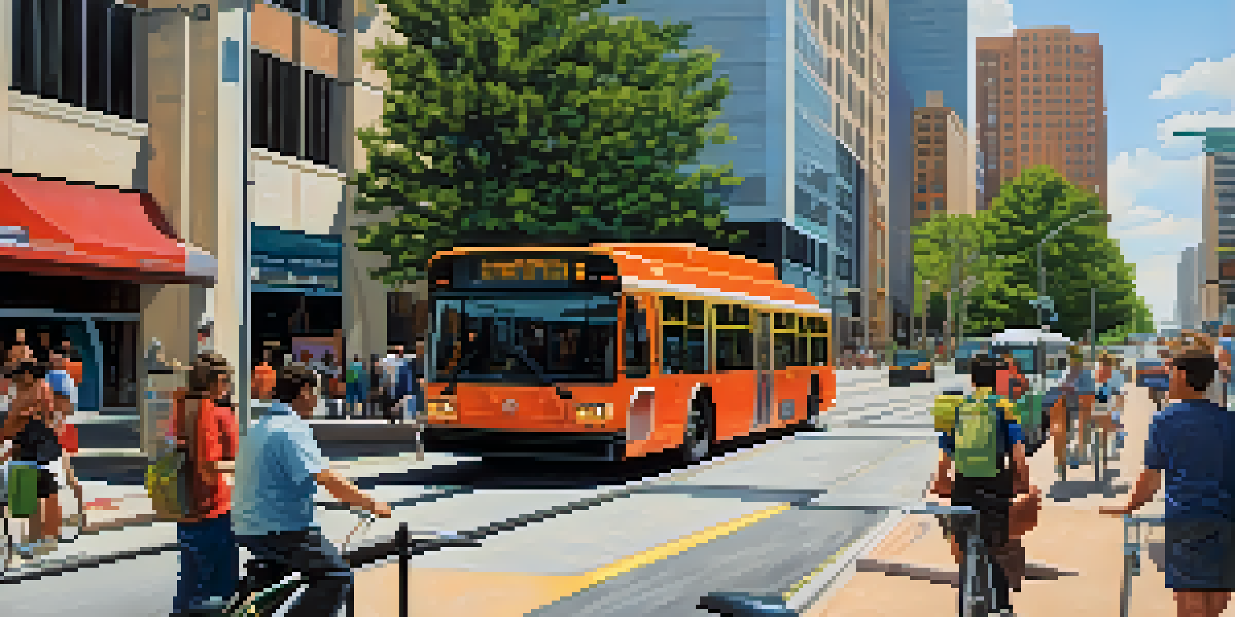 A busy street in Atlanta with a modern bus stop, an electric bus, skyscrapers, cyclists in bike lanes, and pedestrians.