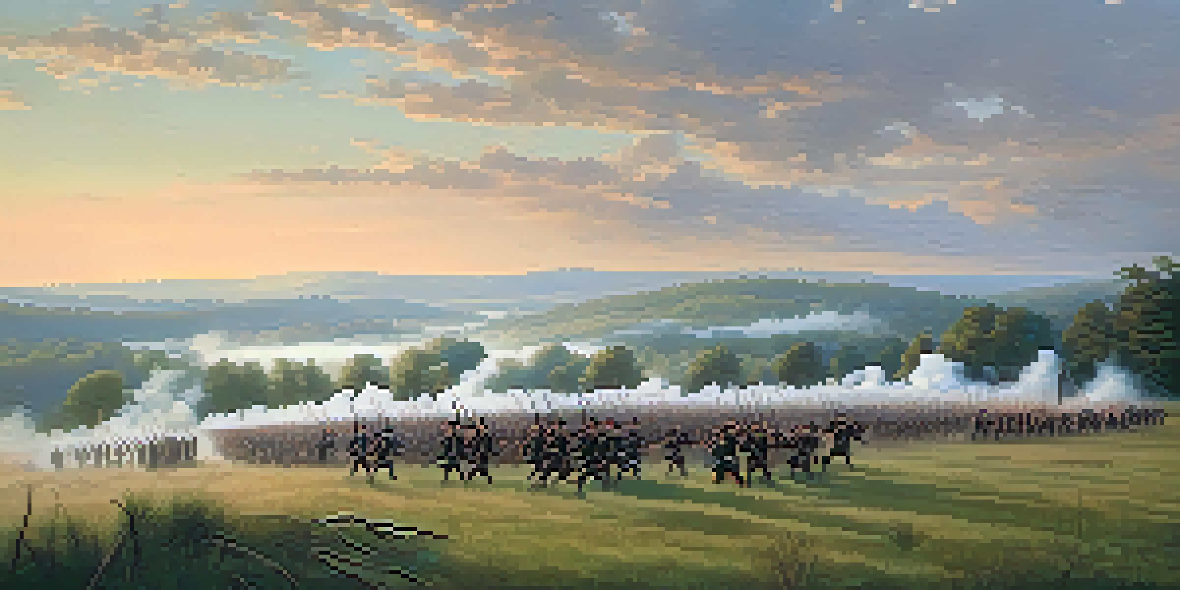 A calm Civil War battlefield in Georgia with reenactors in historical uniforms under a soft morning sky.