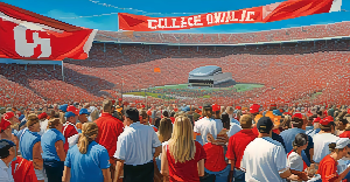 A lively college football game day in Georgia, featuring fans in bright colors cheering in a packed stadium.